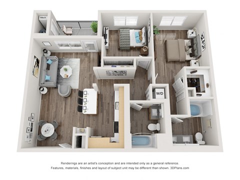 Floor plan for 2 beds, 2 baths, 1117 sqft